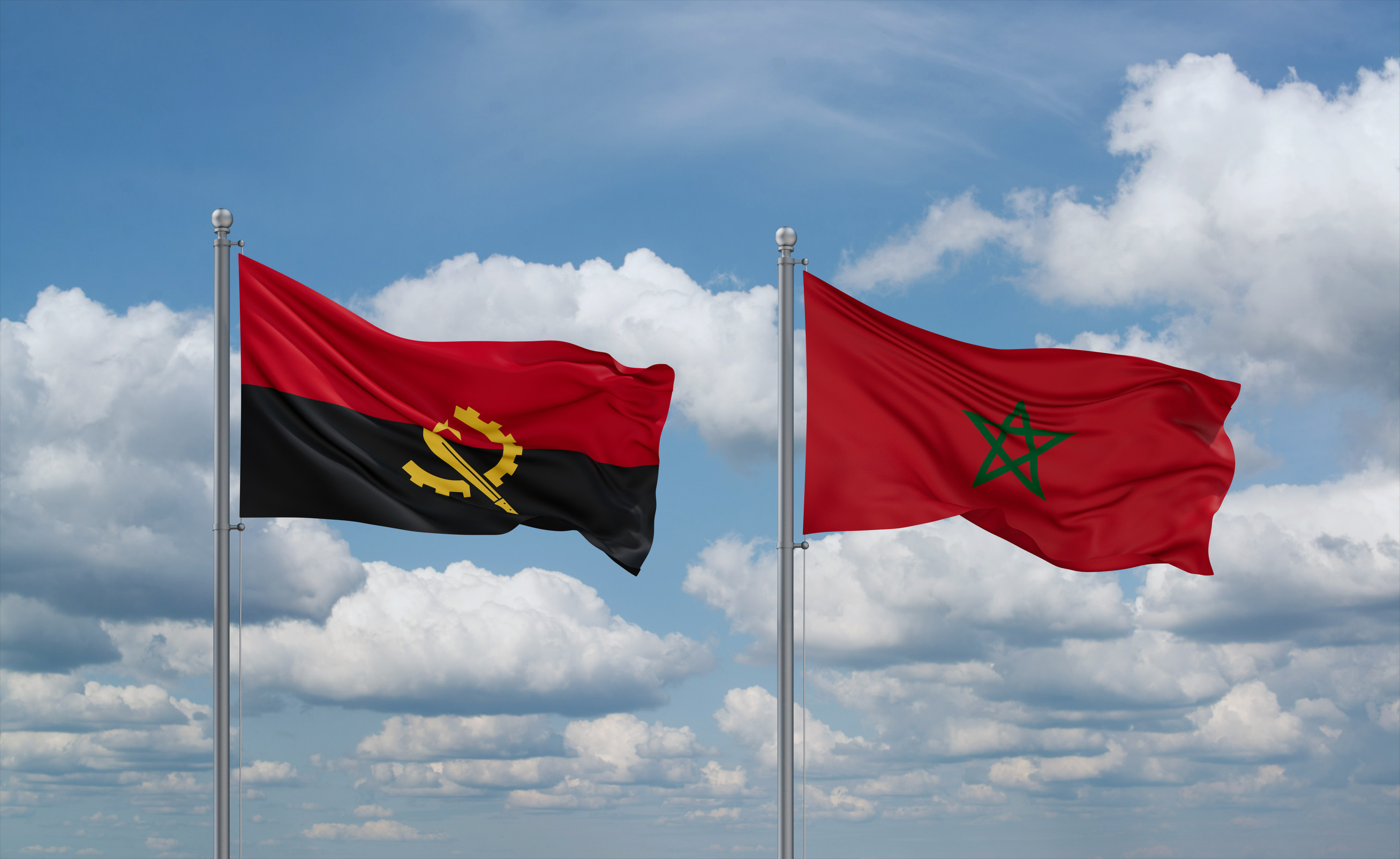 Morocco and Angola flags together Morocco and Angola flags together