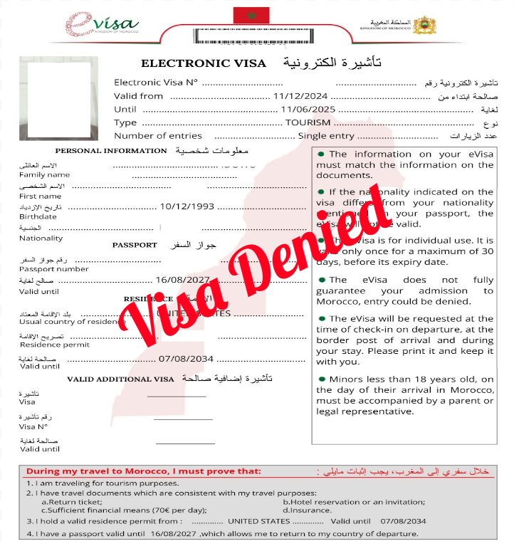 Morocco Evisa Application Is Denied